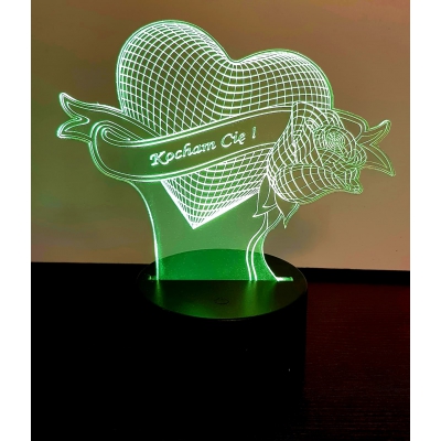 Lampka 3D - SERCE z różą i napisem KOCHAM CIĘ !